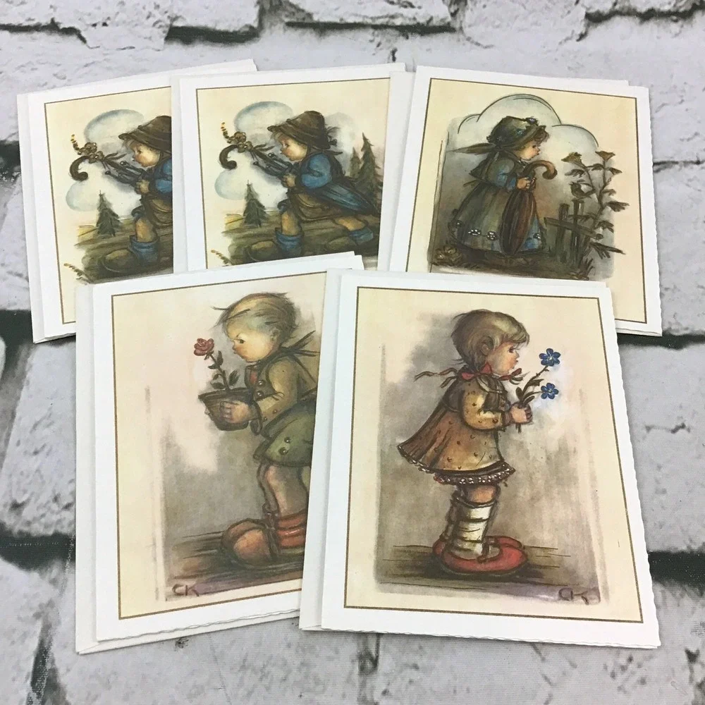 Vintage Blank Inside Notecards Lot-5 German Children Illustrations W/Envelopes